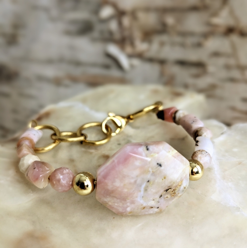 Natural Peruvian Pink Opal & Gold Beads In Gold  Bracelet